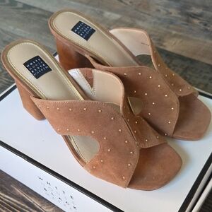 White House Black Market Tan With Gold Studs Mules with Block Heel